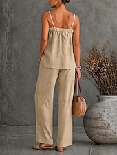 Linen Blend Cami Top & Wide Leg Pants Set – Loose Casual Two Piece Outfit