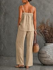 Linen Blend Cami Top & Wide Leg Pants Set – Loose Casual Two Piece Outfit
