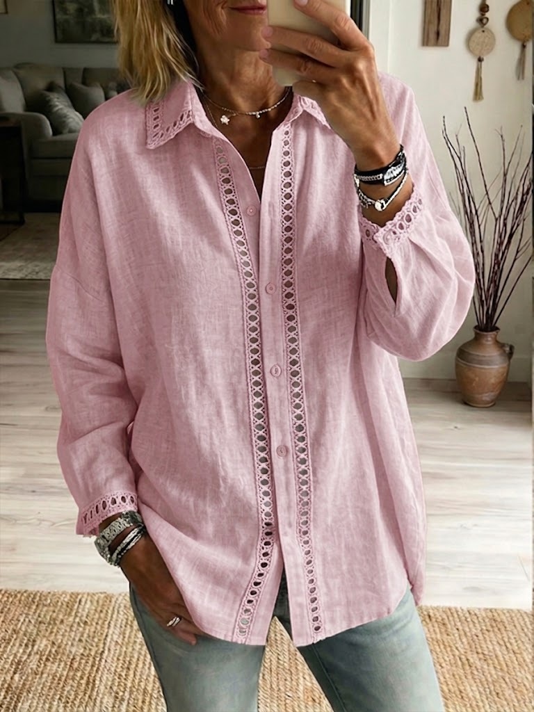 Women's Linen Cotton Shirt Lace Hollow Out Long Sleeve Button Down Collared Blouse