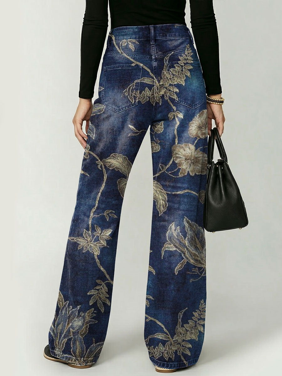 Women's Vintage And Elegant Floral And Botanical Decorative Patterns Cotton Denim Pants