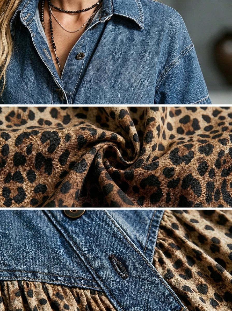 Women’s Denim Spliced Gradient Leopard Print Shirt Midi Dress