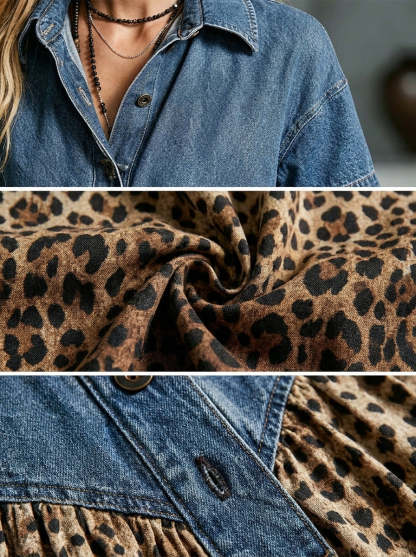 Women’s Denim Spliced Gradient Leopard Print Shirt Midi Dress