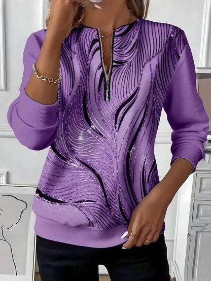🔥CLEARANCE SALE🔥 ✨Women’s Casual Top Color Block Print Zip V-Neck Long Sleeve Blouse