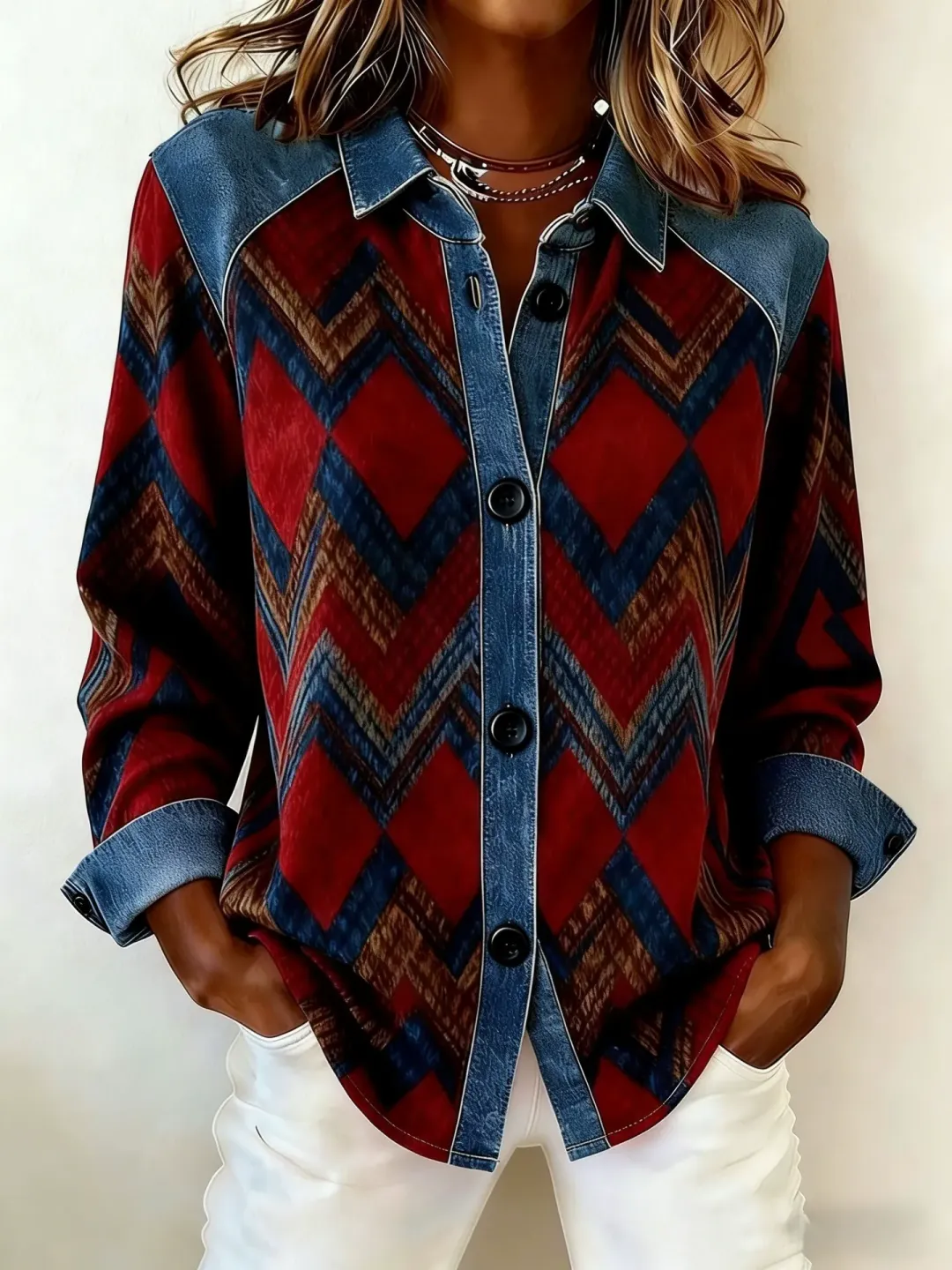 Damen-Kapuzenjacke im Karo-Denim-Mix