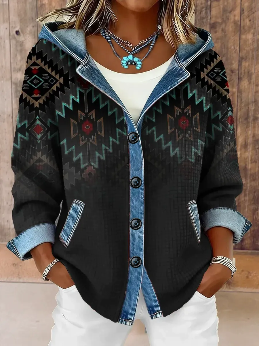 Damen-Kapuzenjacke im Karo-Denim-Mix