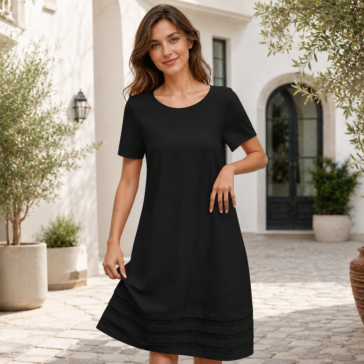 🌿 Luftiges A-Linien-Sommerkleid mit Rundhalsausschnitt und elegantem Stufensaum