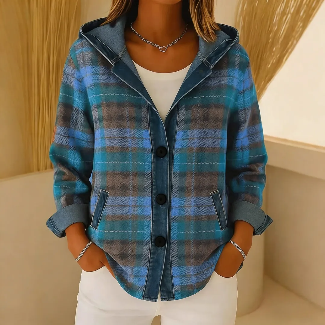 Damen-Kapuzenjacke im Karo-Denim-Mix