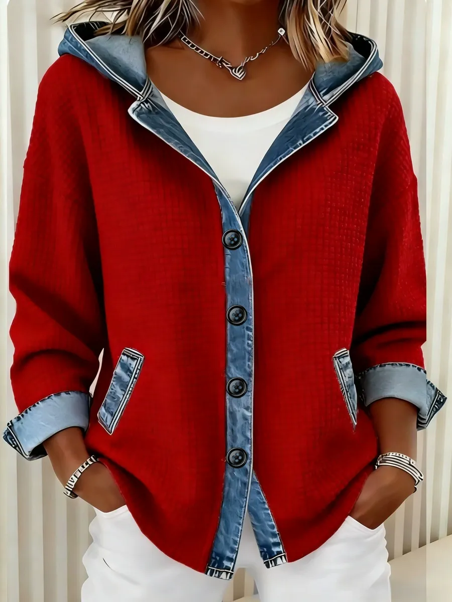 Damen-Kapuzenjacke im Karo-Denim-Mix