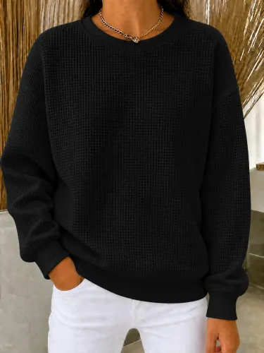 Damen-Waffelstrick-Sweatshirt mit Rundhalsausschnitt