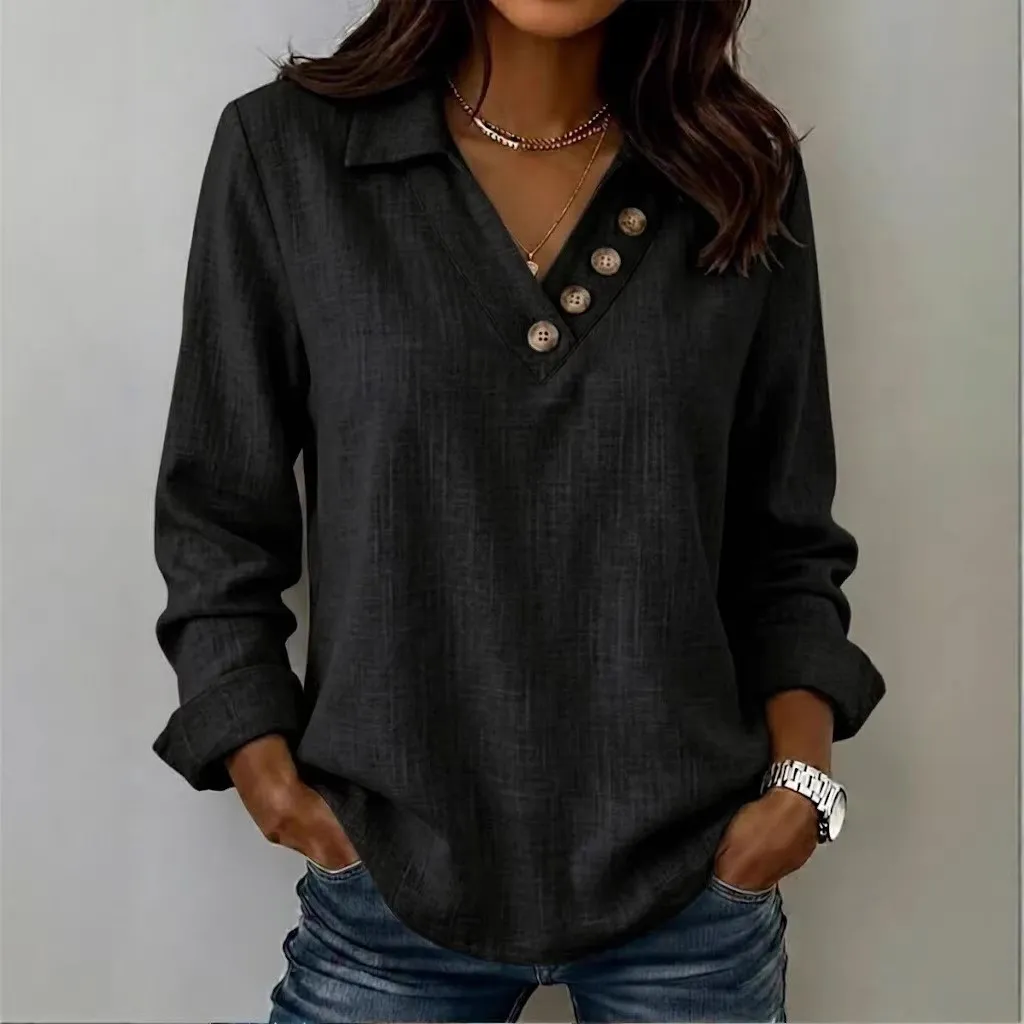 ✨✨✨ Damen Freizeitbluse mit Knopfdetails, V-Ausschnitt & langen Ärmeln – Lässiger Alltagsstil
