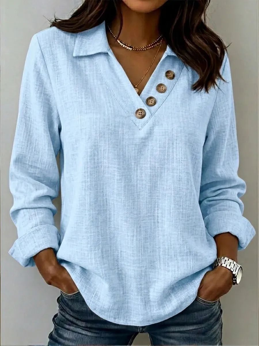 ✨✨✨ Damen Freizeitbluse mit Knopfdetails, V-Ausschnitt & langen Ärmeln – Lässiger Alltagsstil