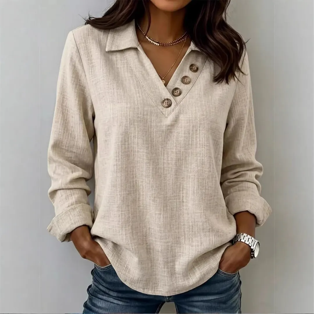 ✨✨✨ Damen Freizeitbluse mit Knopfdetails, V-Ausschnitt & langen Ärmeln – Lässiger Alltagsstil
