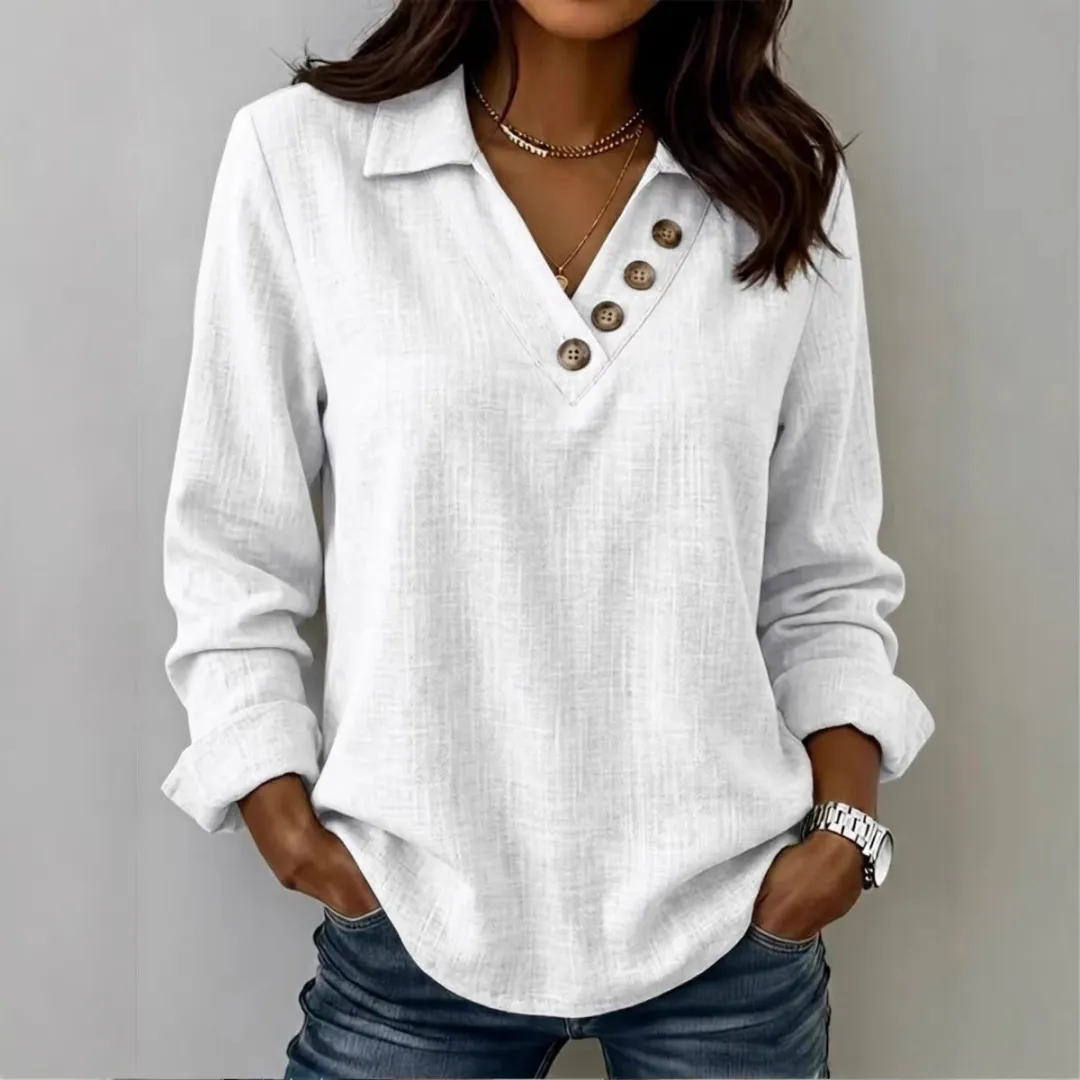 ✨✨✨ Damen Freizeitbluse mit Knopfdetails, V-Ausschnitt & langen Ärmeln – Lässiger Alltagsstil