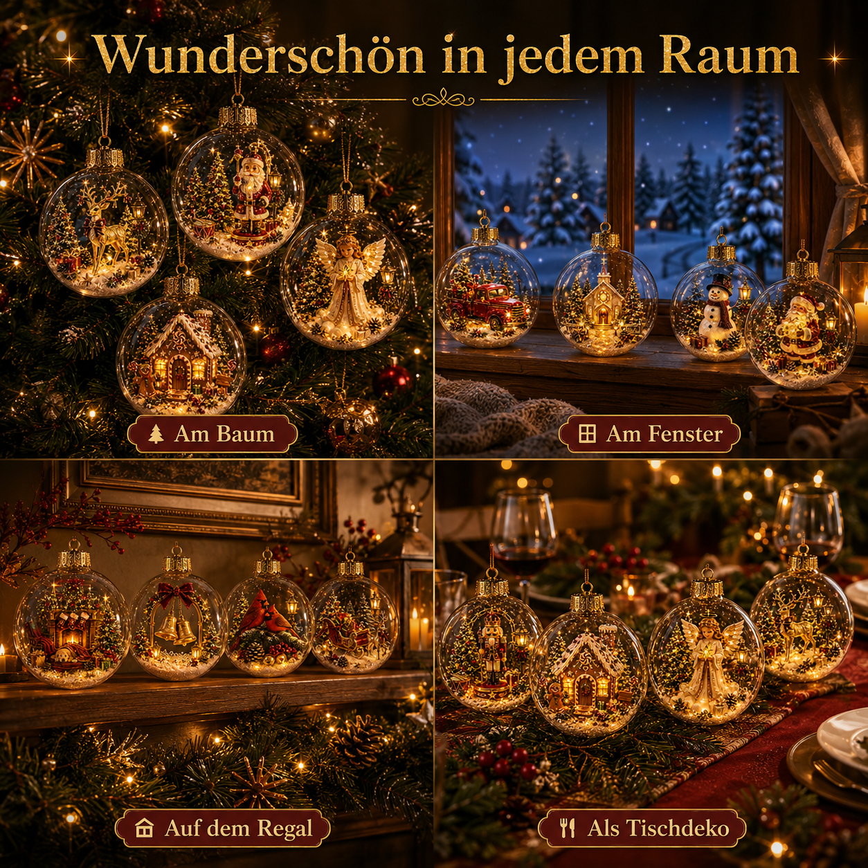 Weihnachtsornamente in verschiedenen Dekorationsszenen