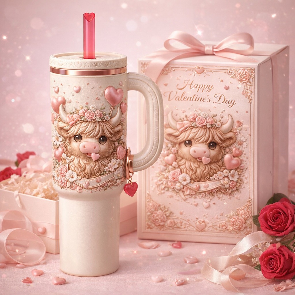 Valentine’s Highland Cow Embossed Tumbler