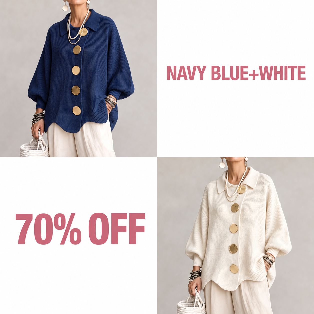 Oversized Collared Knit Cardigan With Large Metal Buttons - Navy blue + White bundle