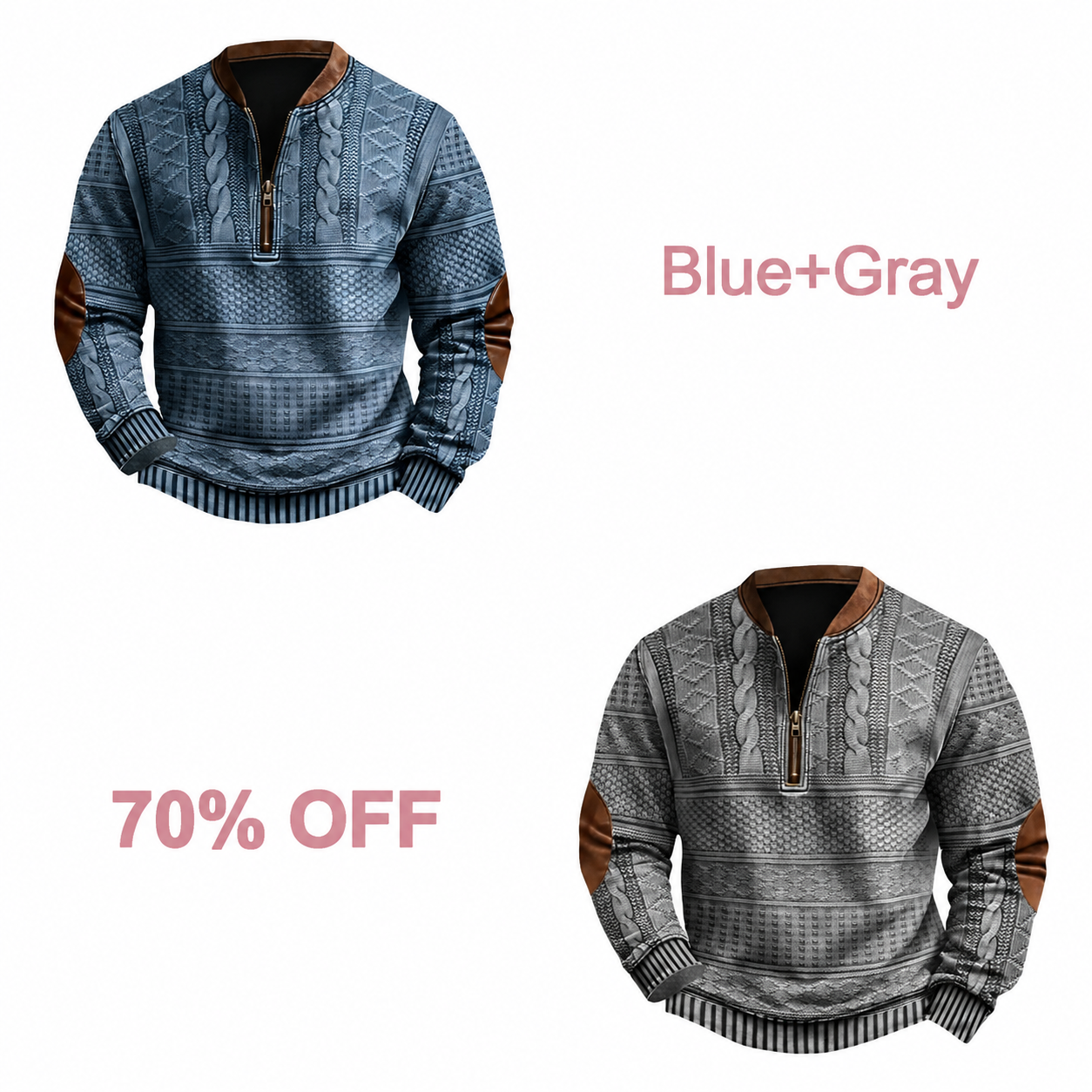 📢📢 30% Off!! Men's Western-Style Half-Zip Pullover - Blue + Gray bundle