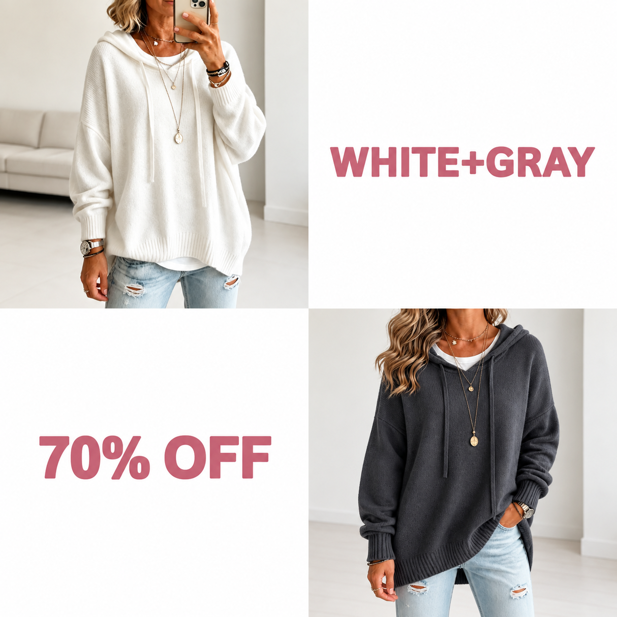 📢📢 50% OFF!!  Wearbella – Oversized Drawstring Hooded Knit Sweater - White + Gray bundle