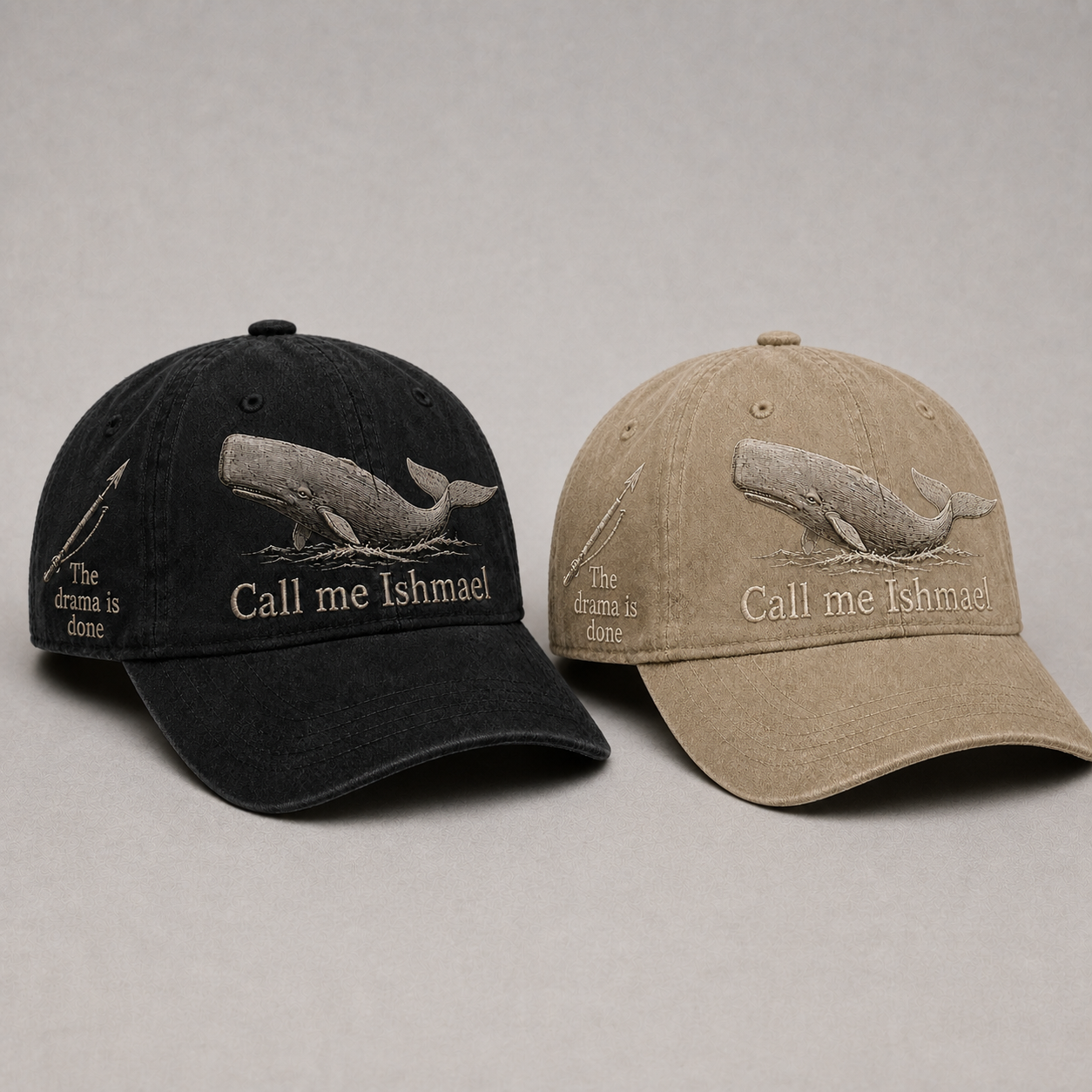 ⚓🐋 Call Me Ishmael MOBY-DICK Embroidered Vintage Cap - Black + Khaki bundle