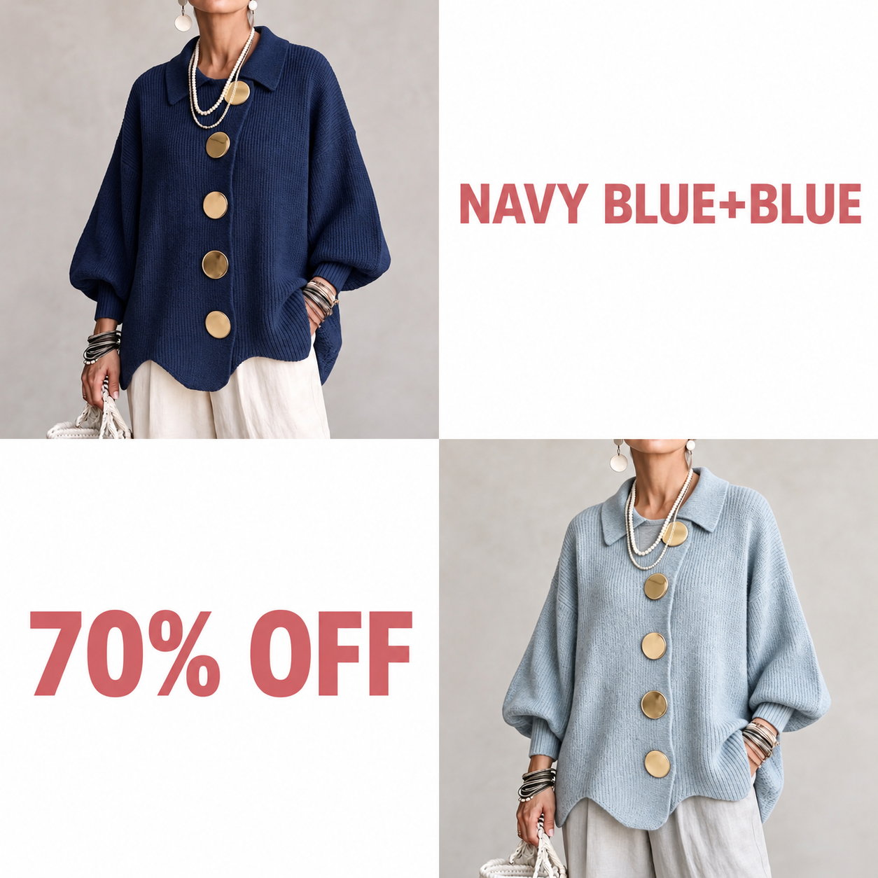 Oversized Collared Knit Cardigan With Large Metal Buttons - Navy blue + Blue bundle