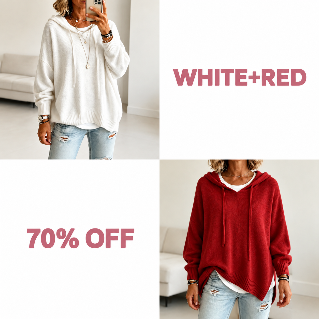 📢📢 50% OFF!!  Wearbella – Oversized Drawstring Hooded Knit Sweater - White + Red bundle