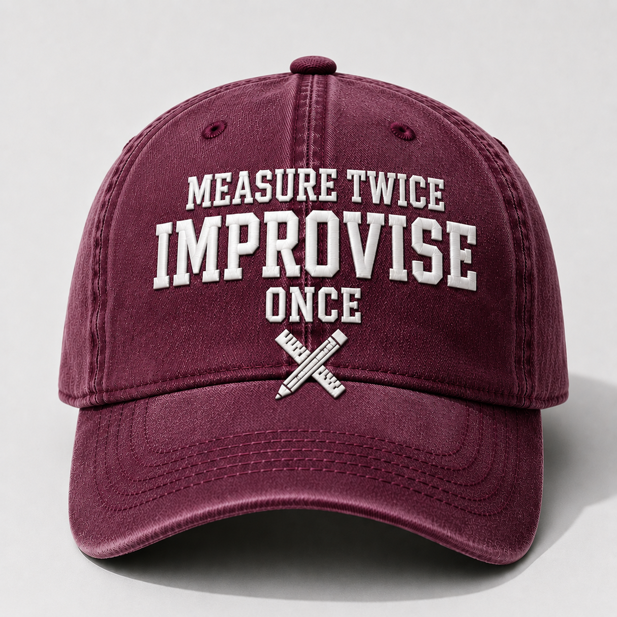 Men’s Vintage Embroidered Baseball Cap – “Measure Twice, Improvise Once” Adjustable Casual Hat