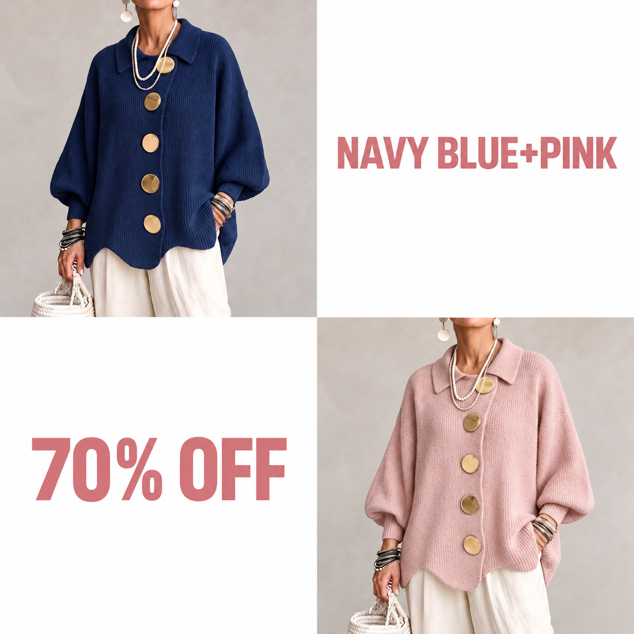 Oversized Collared Knit Cardigan With Large Metal Buttons - Navy blue + Pink bundle