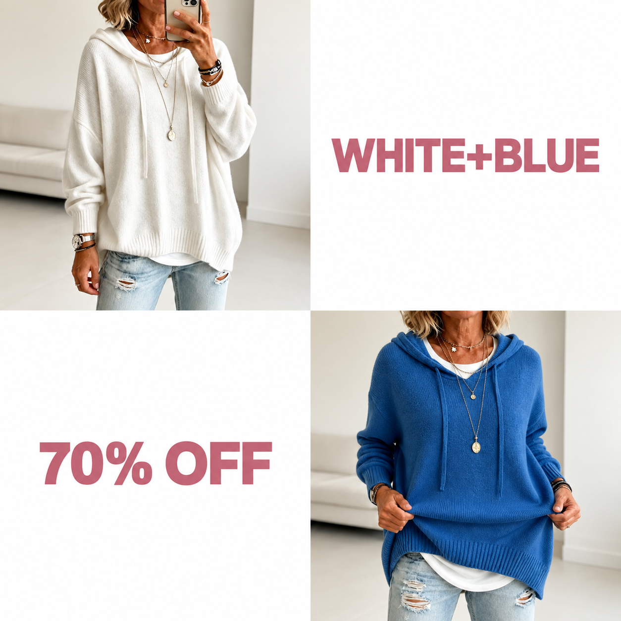 📢📢 50% OFF!!  Wearbella – Oversized Drawstring Hooded Knit Sweater - White + Blue bundle