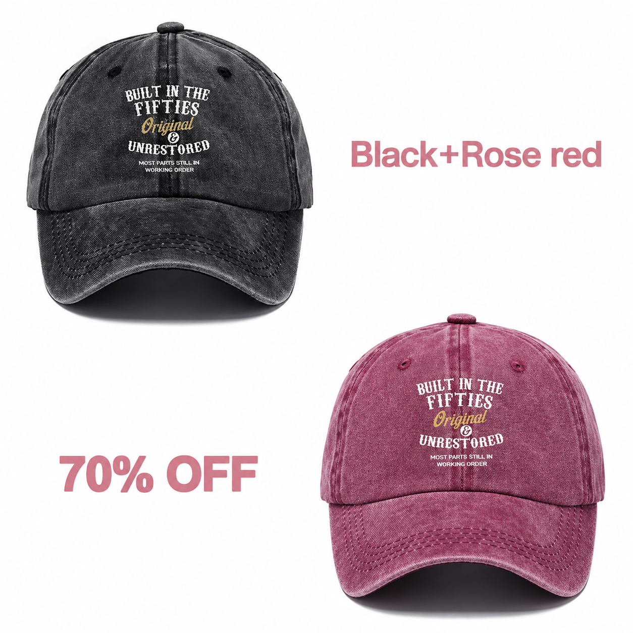 📢📢 70% OFF!! 🧢Vintage-Style Baseball Cap  Multiple Decades to Choose From - Black + Rose red bundle