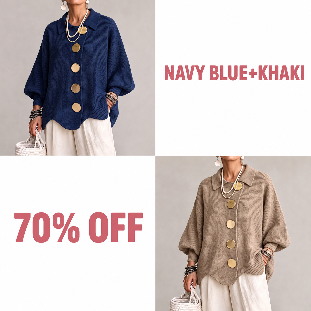 Oversized Collared Knit Cardigan With Large Metal Buttons - Navy blue + Khaki bundle