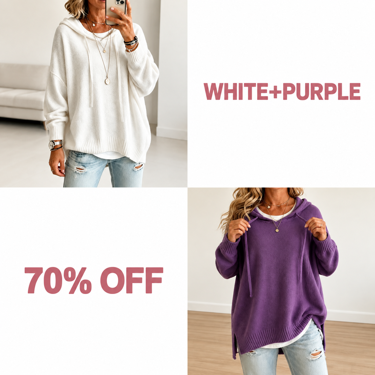 📢📢 50% OFF!!  Wearbella – Oversized Drawstring Hooded Knit Sweater - White + Purple bundle