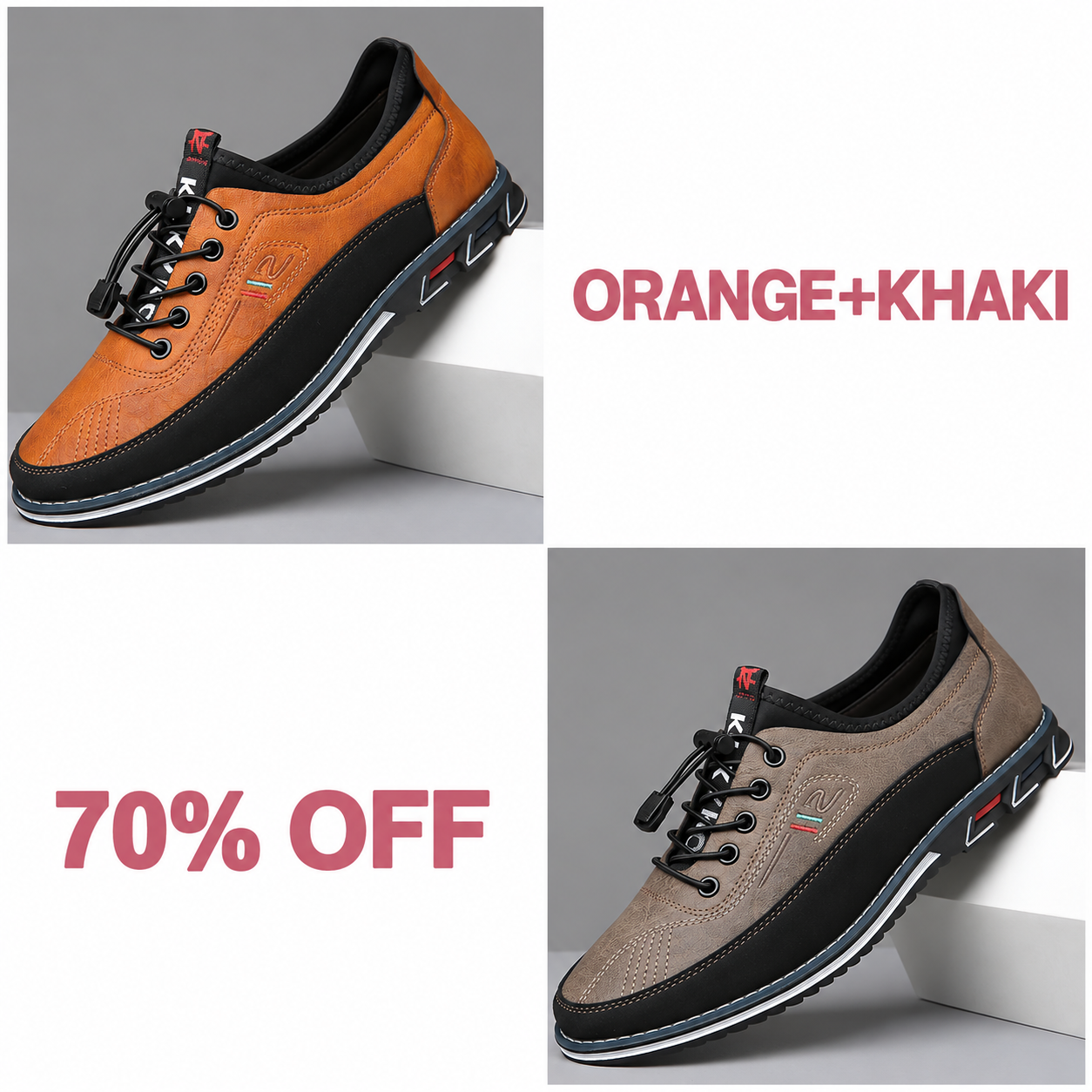 Men's Fashion Calfskin Leather Shoes - ORANGE + KHAKI bundle