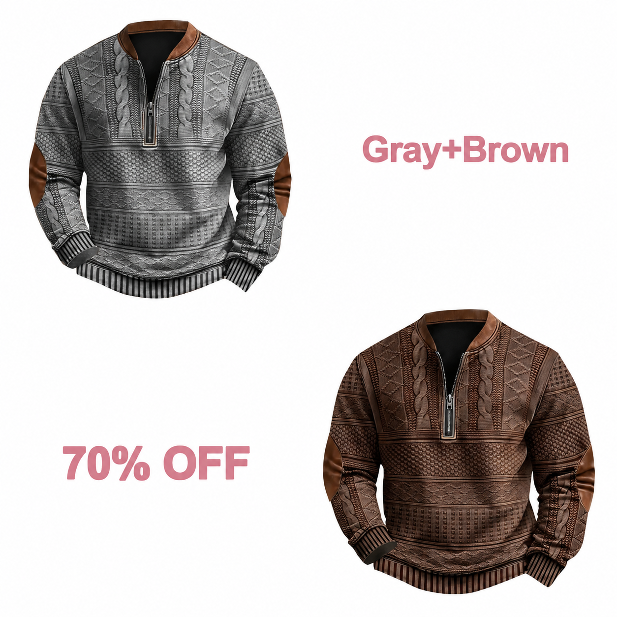 📢📢 30% Off!! Men's Western-Style Half-Zip Pullover - Gray + Brown bundle