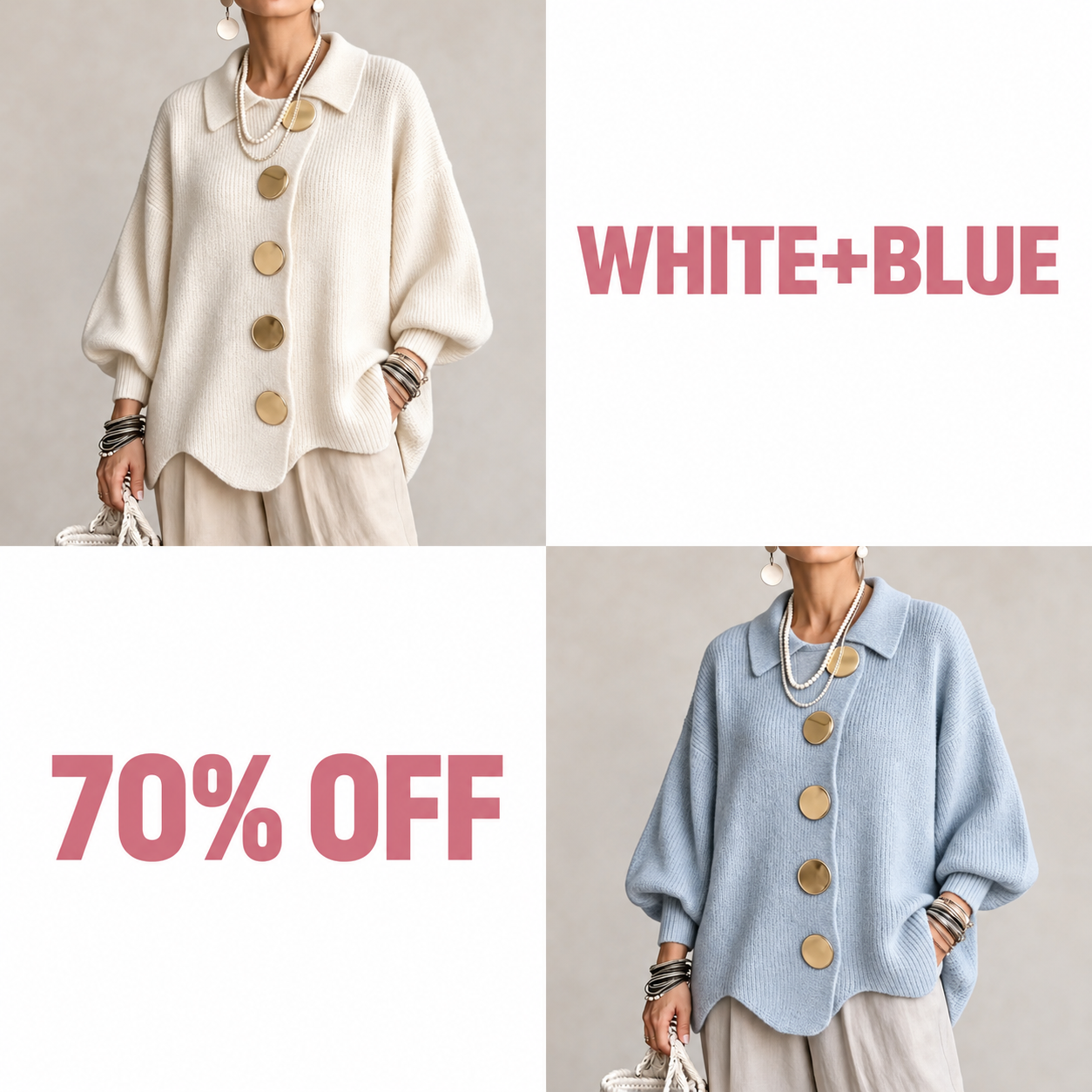 Oversized Collared Knit Cardigan With Large Metal Buttons - White + Blue bundle