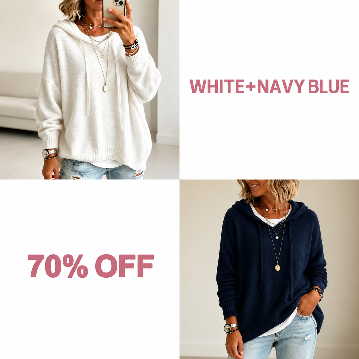📢📢 50% OFF!!  Wearbella – Oversized Drawstring Hooded Knit Sweater - White + Navy Blue bundle