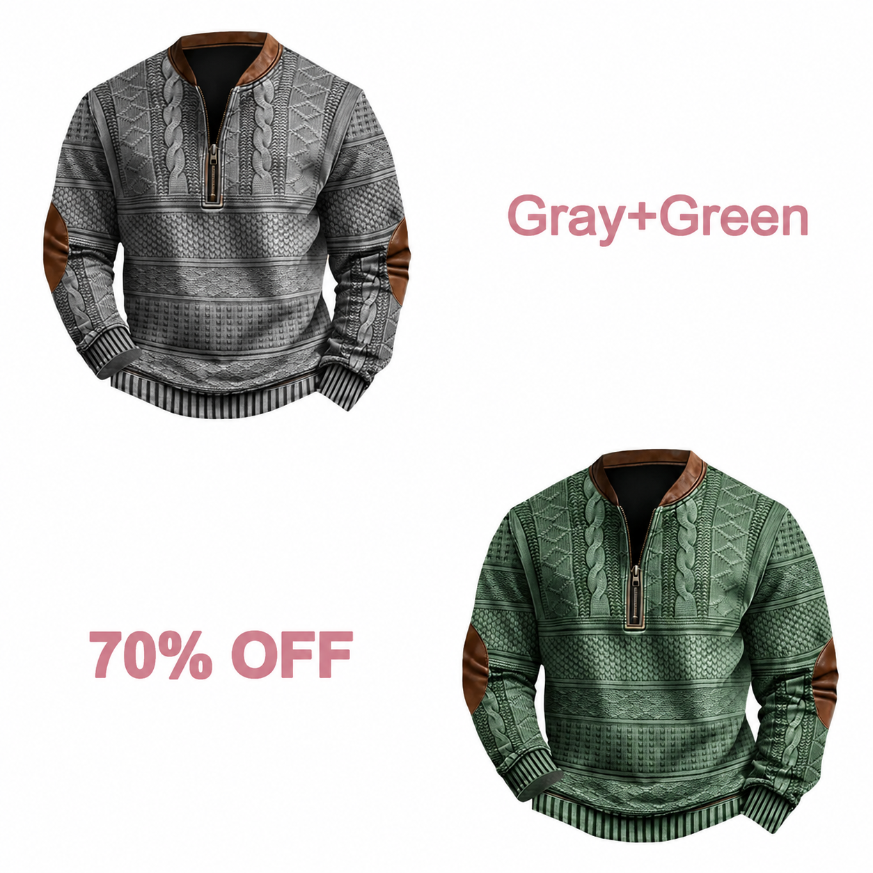 📢📢 30% Off!! Men's Western-Style Half-Zip Pullover - Gray + Green bundle