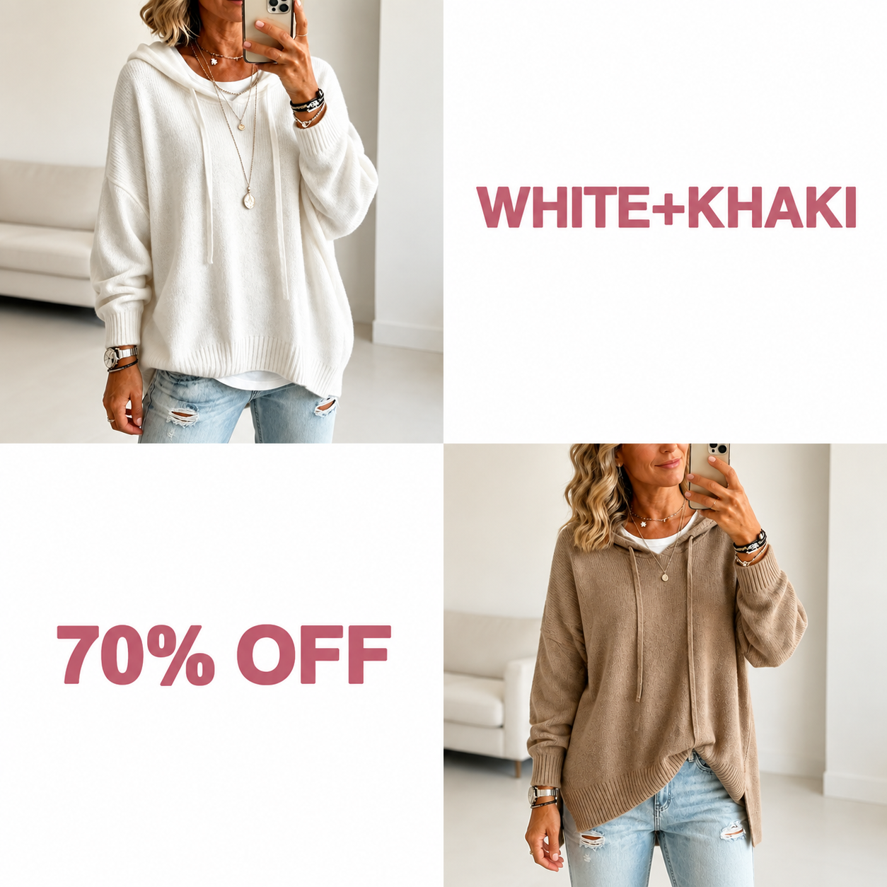 📢📢 50% OFF!!  Wearbella – Oversized Drawstring Hooded Knit Sweater - White + Khaki bundle