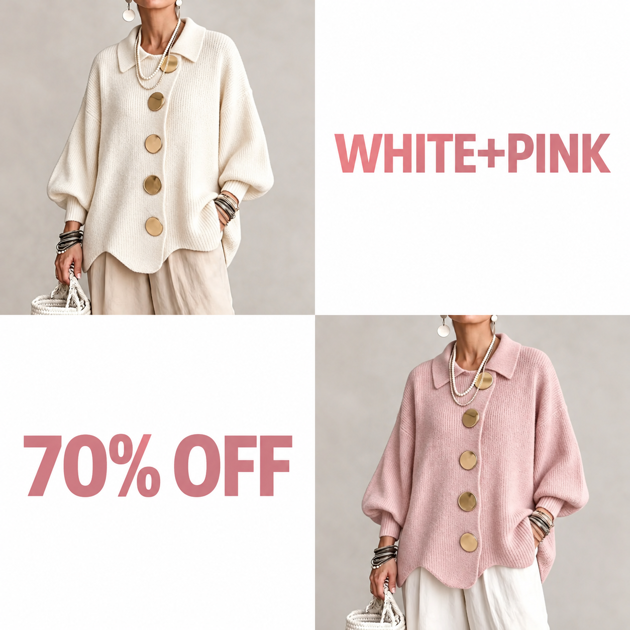 Oversized Collared Knit Cardigan With Large Metal Buttons - White + Pink bundle