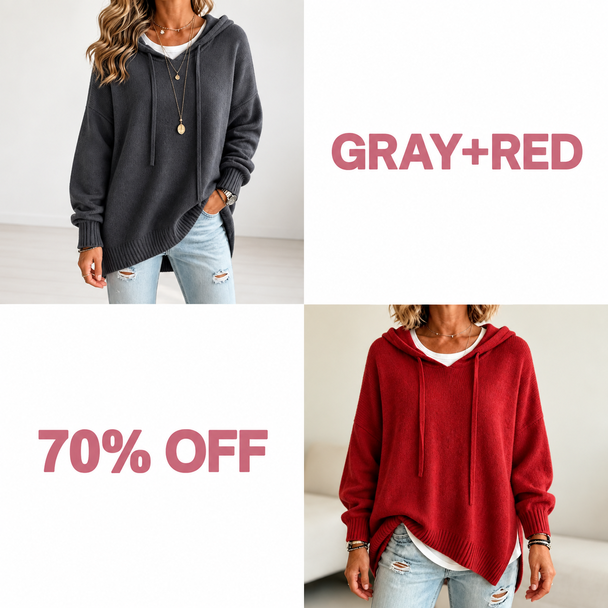 📢📢 50% OFF!!  Wearbella – Oversized Drawstring Hooded Knit Sweater - Gray + Red bundle
