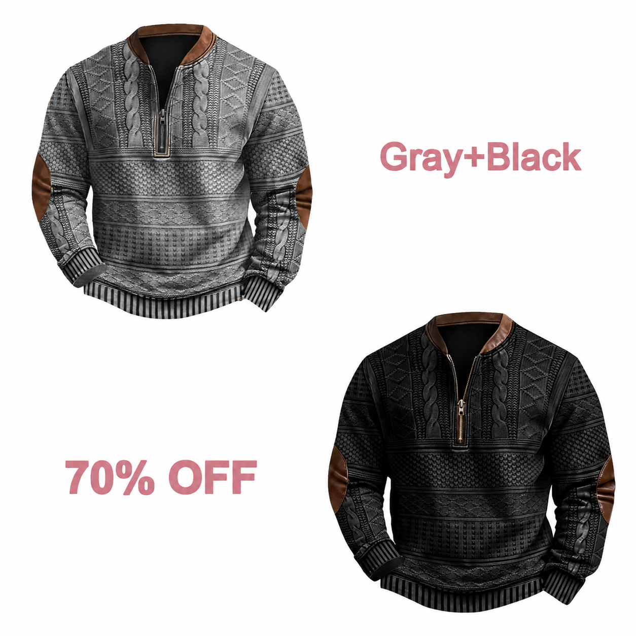 📢📢 30% Off!! Men's Western-Style Half-Zip Pullover - Gray + Black bundle
