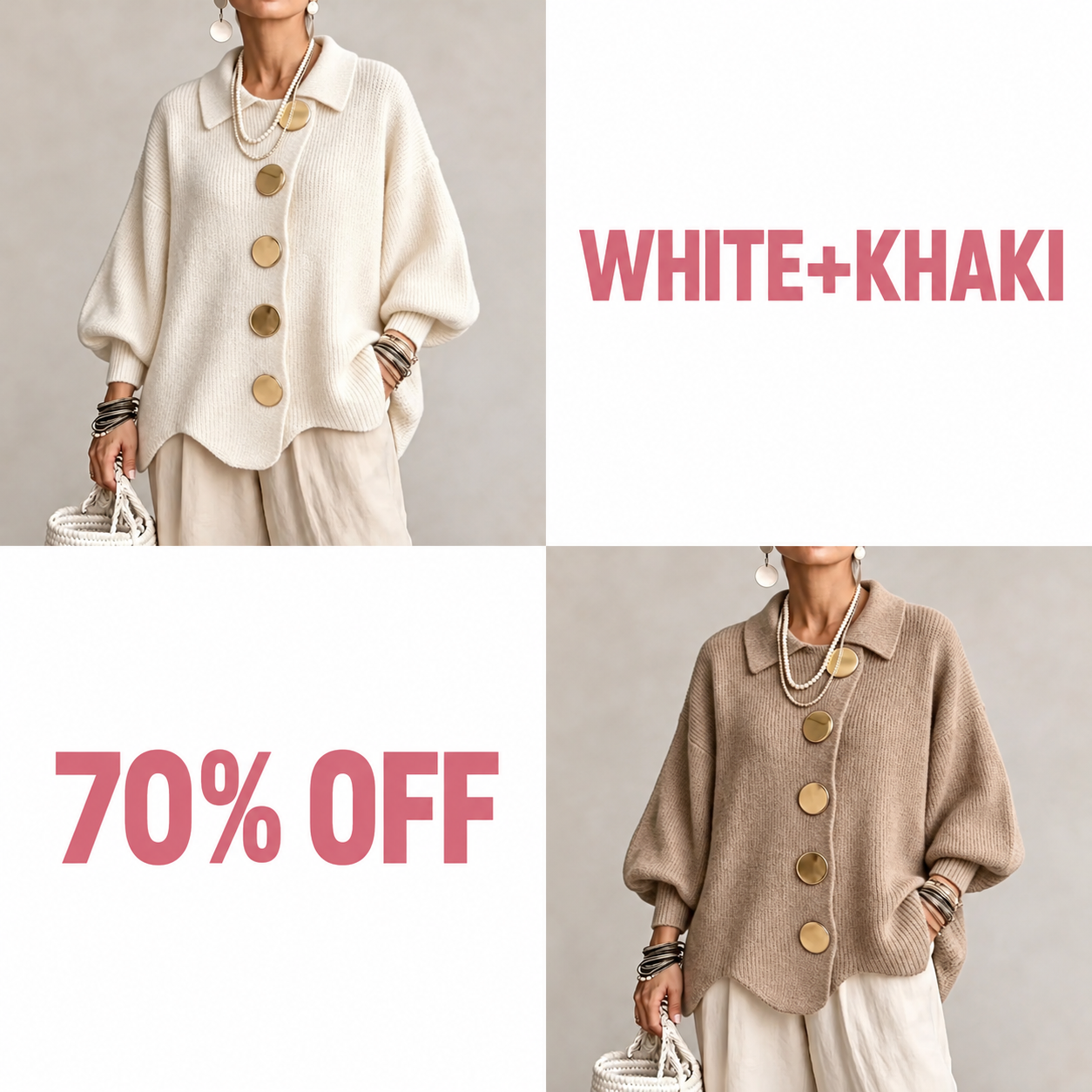 Oversized Collared Knit Cardigan With Large Metal Buttons - White + Khaki bundle