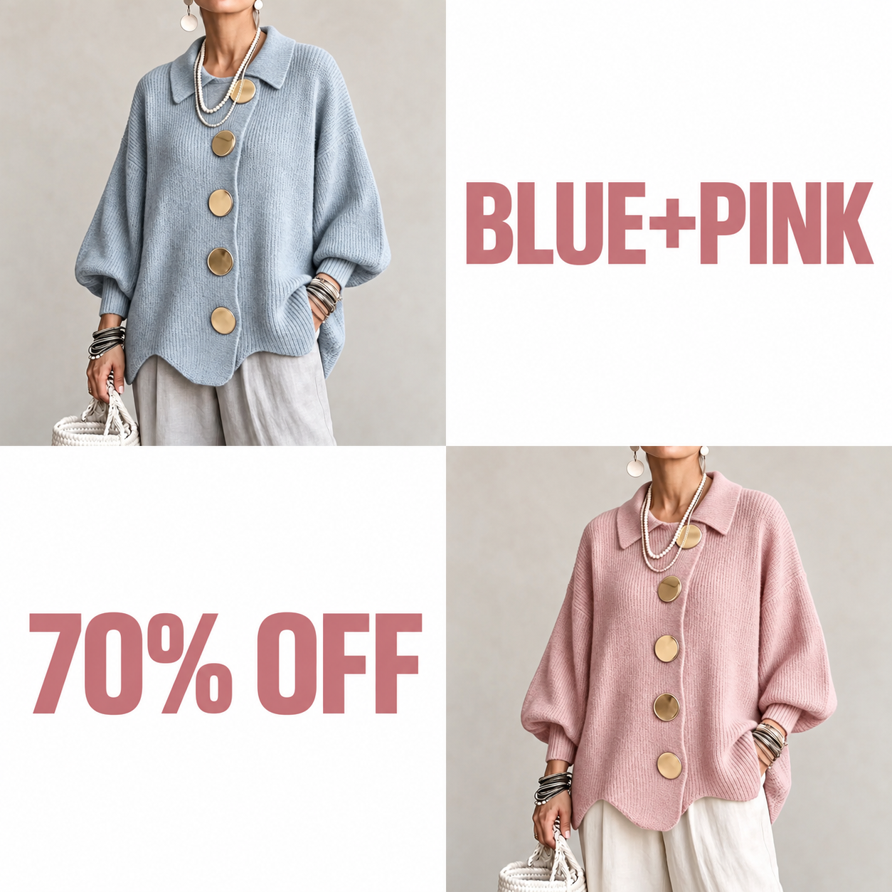 Oversized Collared Knit Cardigan With Large Metal Buttons - Blue + Pink bundle