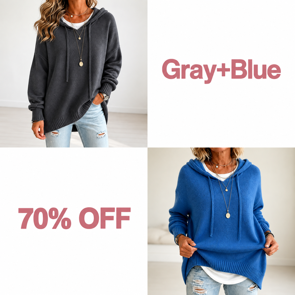 📢📢 50% OFF!!  Wearbella – Oversized Drawstring Hooded Knit Sweater - Gray + Blue bundle