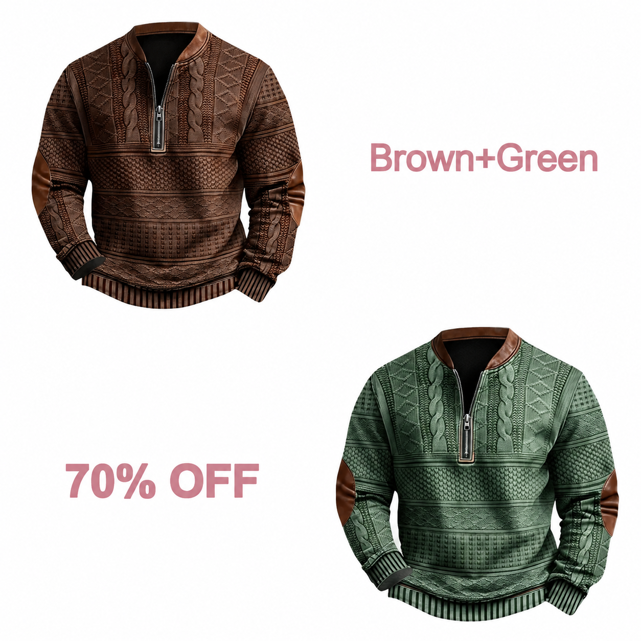 📢📢 30% Off!! Men's Western-Style Half-Zip Pullover - Brown + Green bundle