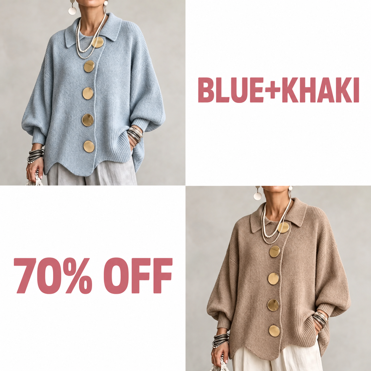 Oversized Collared Knit Cardigan With Large Metal Buttons - Blue + Khaki bundle