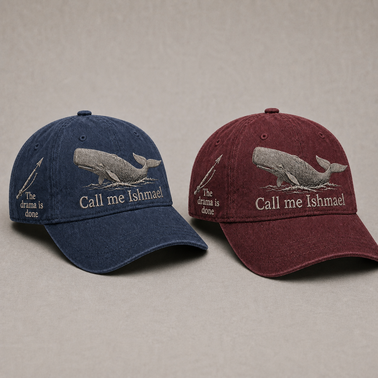 ⚓🐋 Call Me Ishmael MOBY-DICK Embroidered Vintage Cap - Navy Blue + red bundle