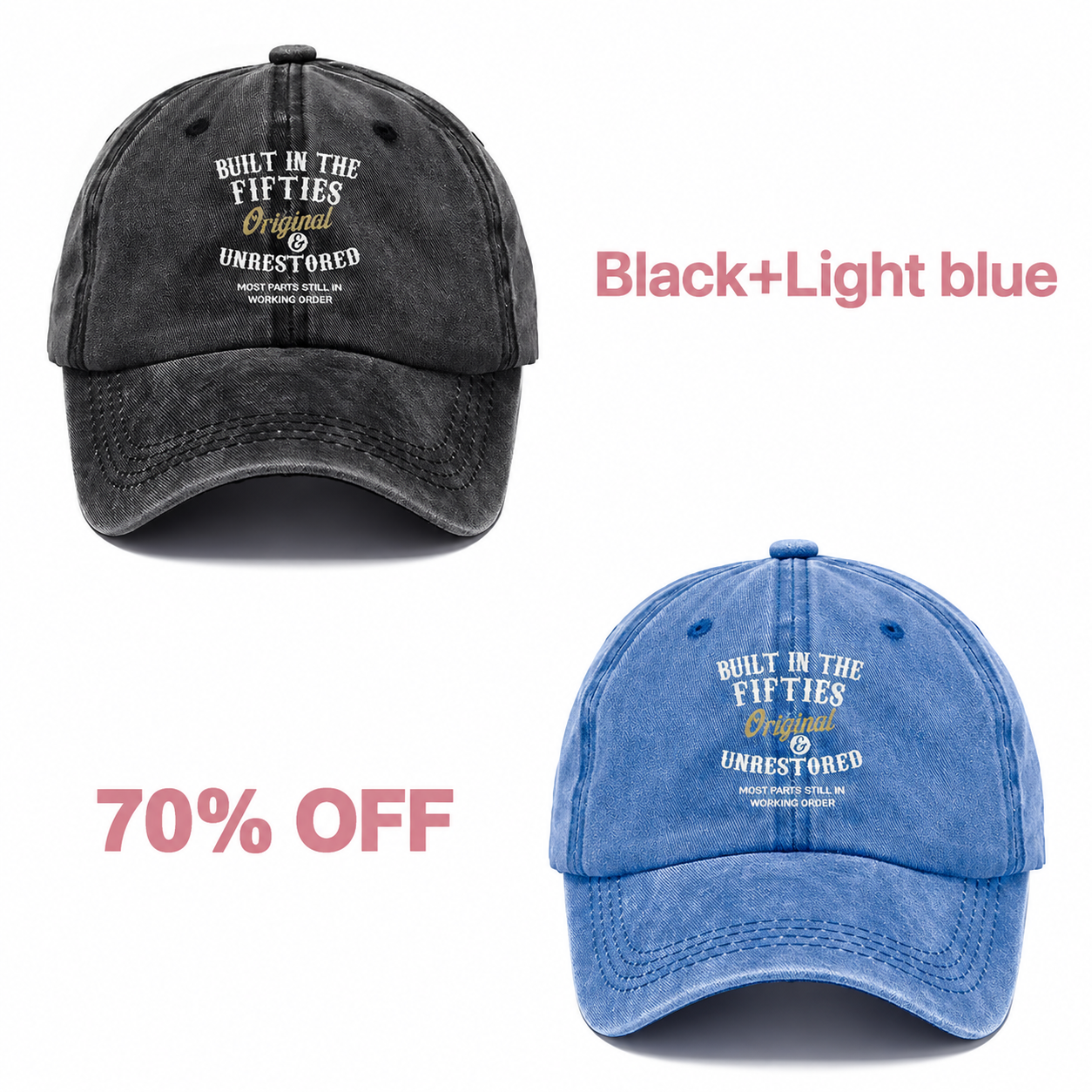 📢📢 70% OFF!! 🧢Vintage-Style Baseball Cap  Multiple Decades to Choose From - Black + Light blue bundle