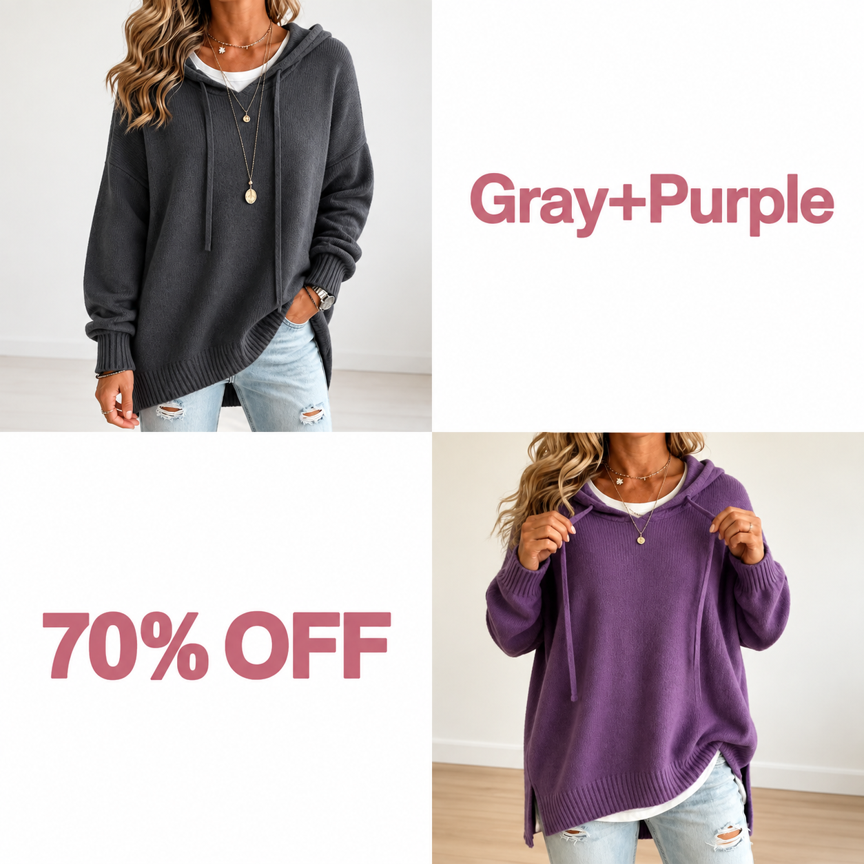 📢📢 50% OFF!!  Wearbella – Oversized Drawstring Hooded Knit Sweater - Gray + Purple bundle