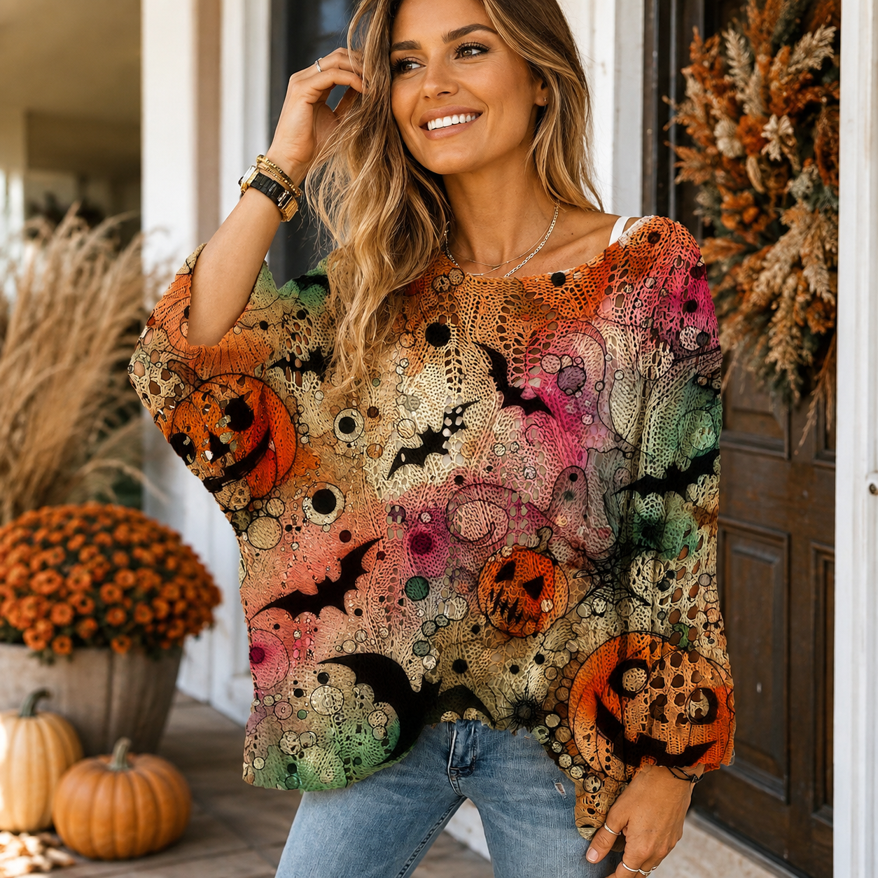 Damen Halloween Häkelpullover 🎃 – Lockerer Herbstpullover mit Kürbis- & Fledermausmotiv