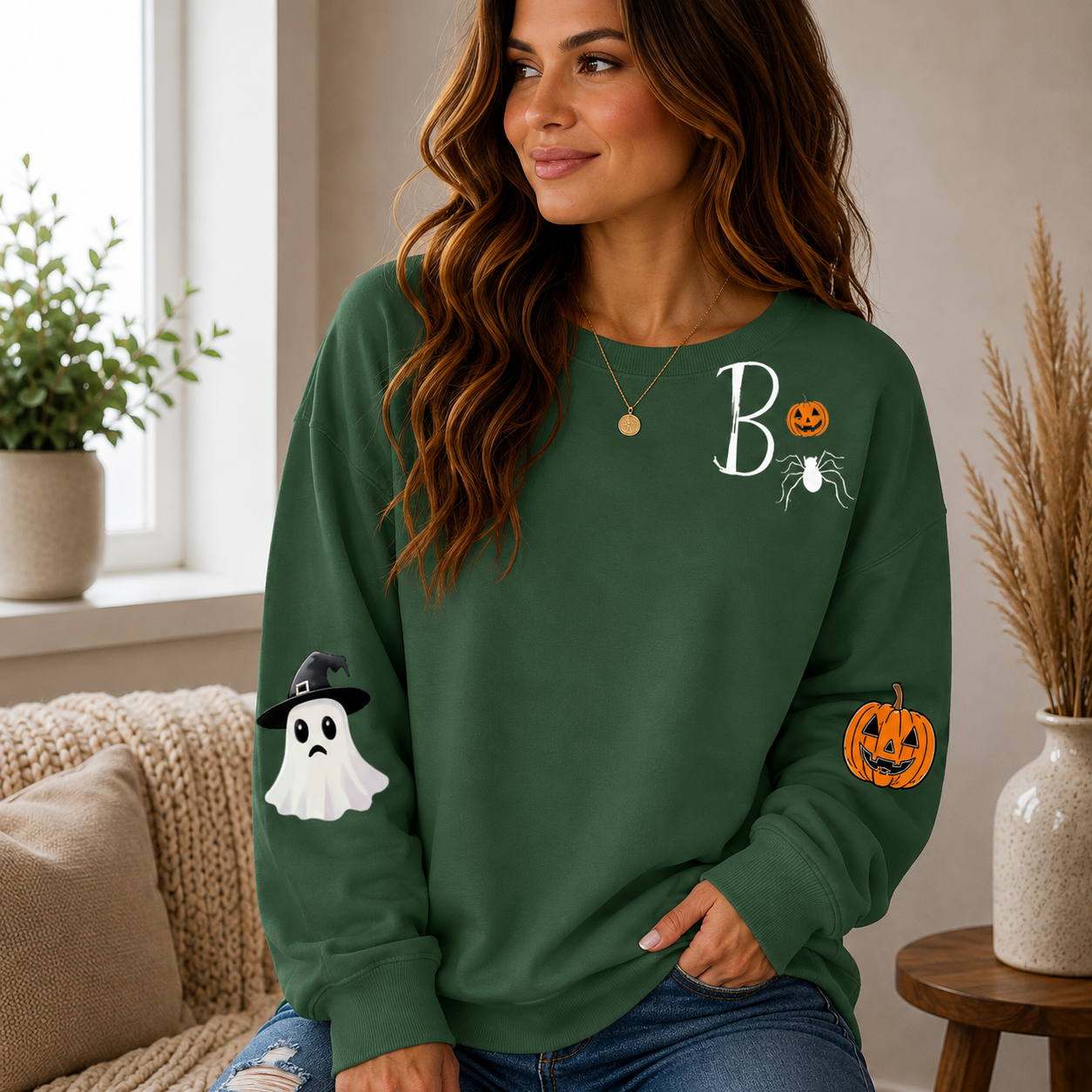 👻 Women’s Cute Ghost Halloween Sweatshirt – Cozy Long Sleeve Pullover, Spooky Fall Casual Top
